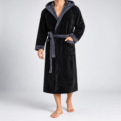 Men's hooded bathrobe in black, full front view