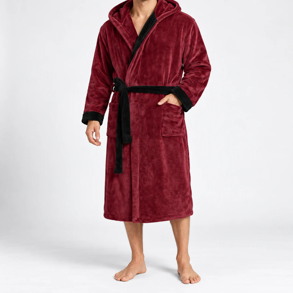 Men's hooded bathrobe in burgundy, full front view