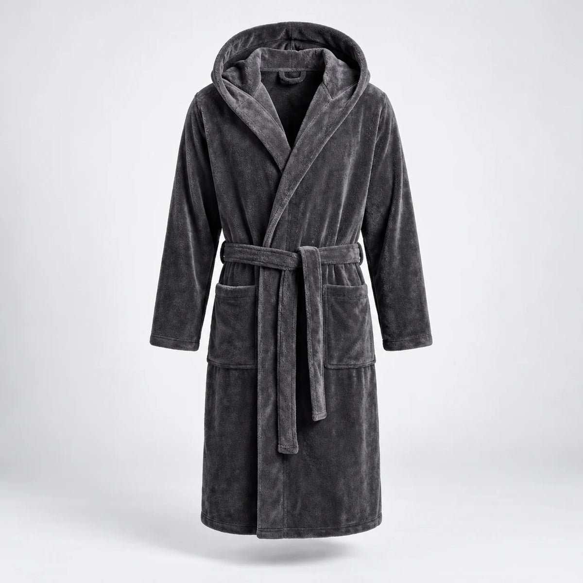 Men's hooded bathrobe in dark gray, full front view