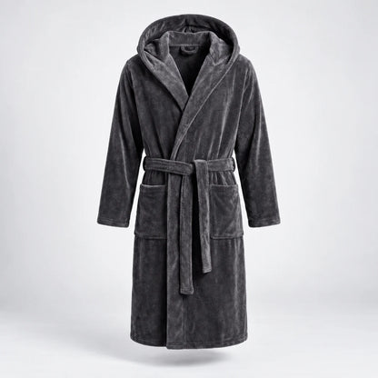 Men's hooded bathrobe in dark gray, full front view