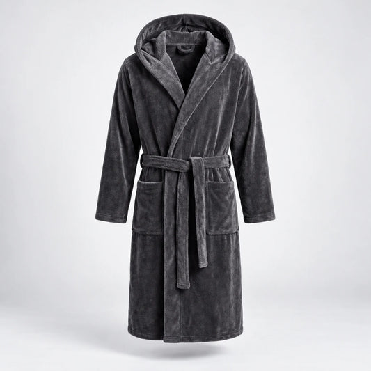 Men's hooded bathrobe in dark gray, full front view