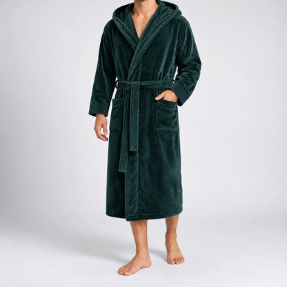 Men's hooded bathrobe in dark green, full front view