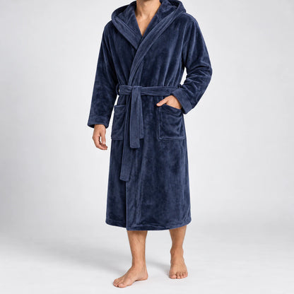 Men's hooded bathrobe in navy blue, full front view