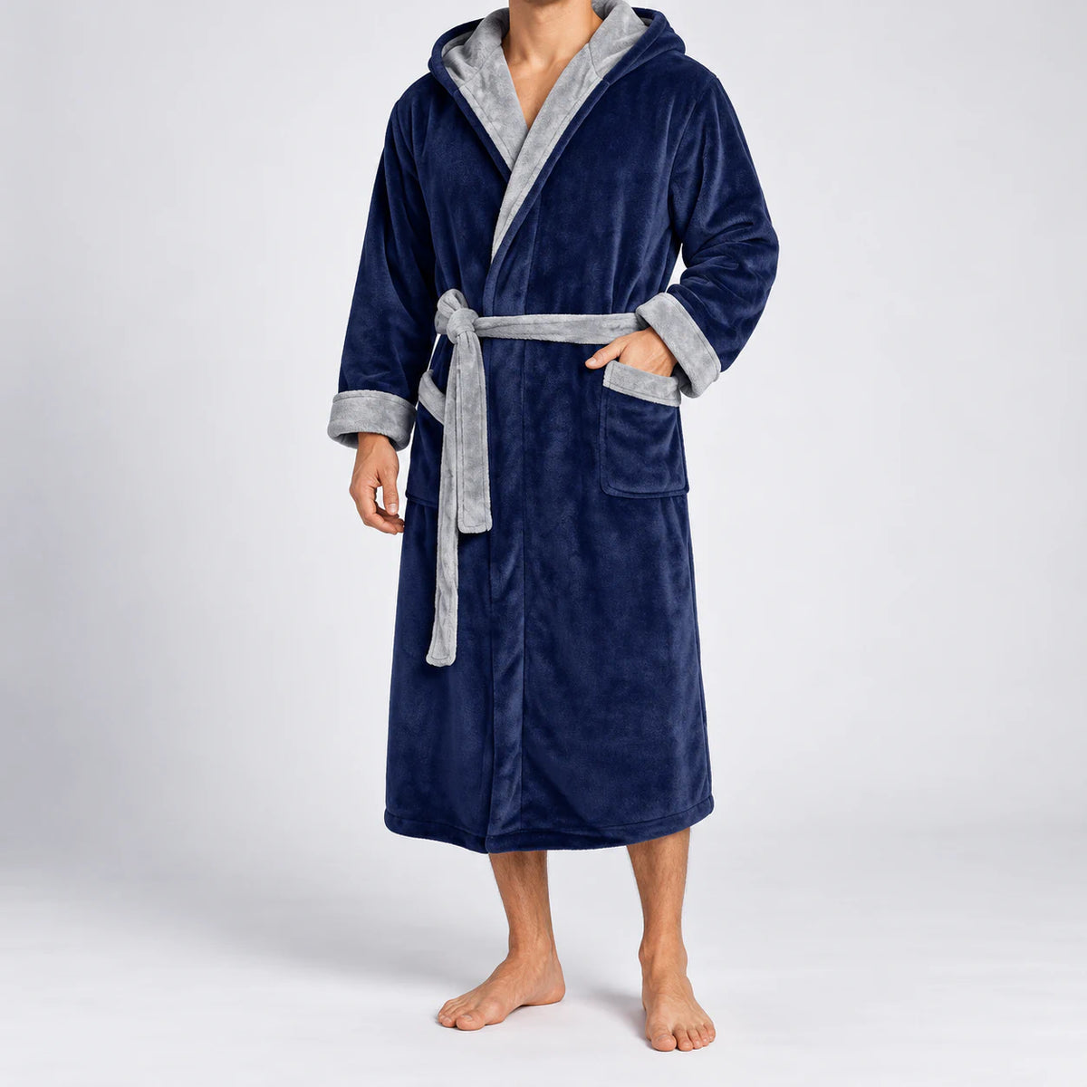 Men's hooded bathrobe in navy and light gray, full front view