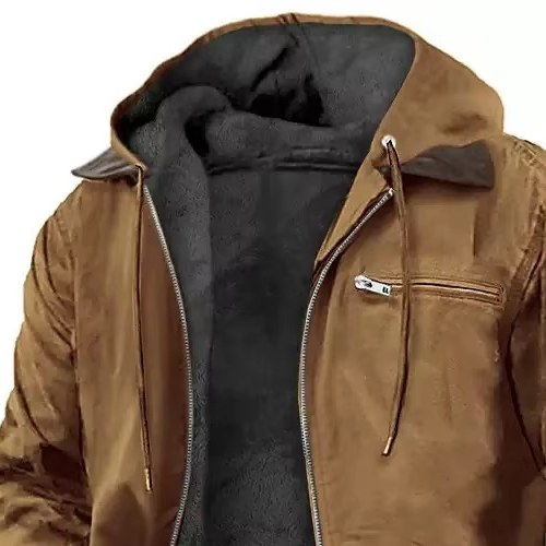 Close view of the hood, collar patch and drawcord on the work jacket, tan shade
