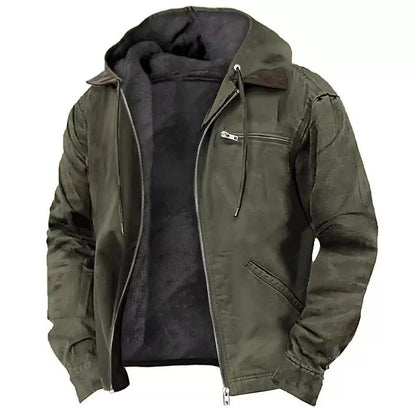 Men's hooded zip-front work jacket front view in Army Green 0