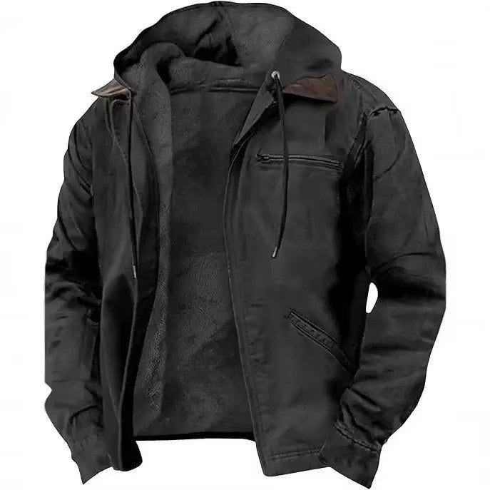 Men's hooded zip-front work jacket front view in Black 0