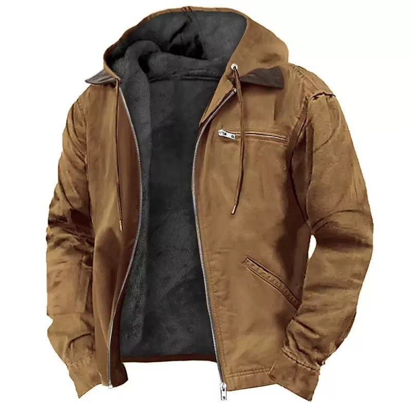 Men's hooded zip-front work jacket front view in Brown 0