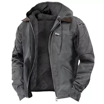 Men's hooded zip-front work jacket front view in Gray 0