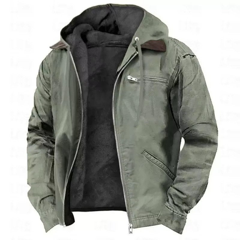 Men's hooded zip-front work jacket front view in Green 0