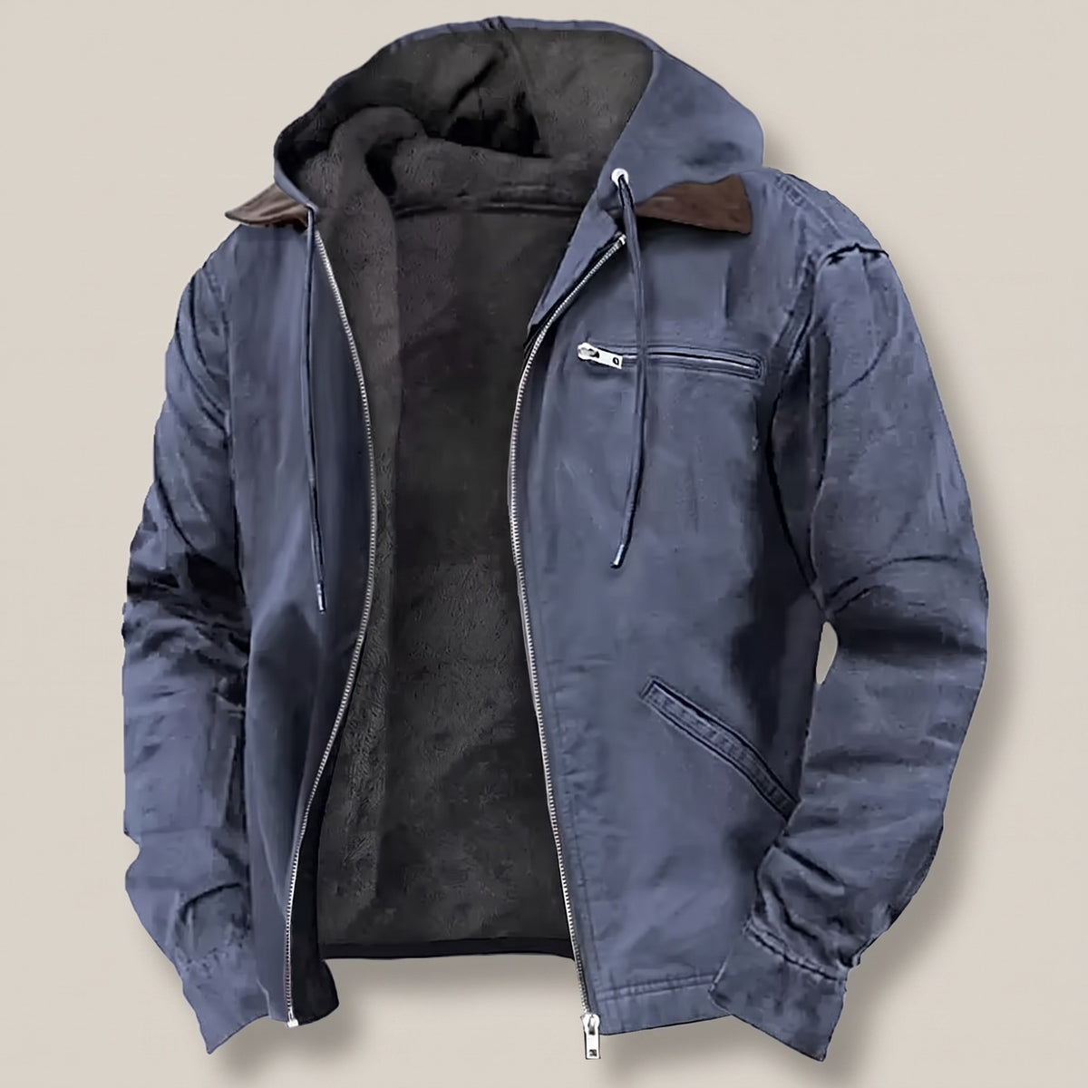 Men's hooded zip-front work jacket front view in Navy Blue 0