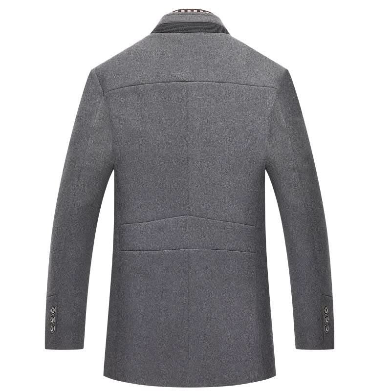 Back view of the grey mid-length coat showing the tailored seams