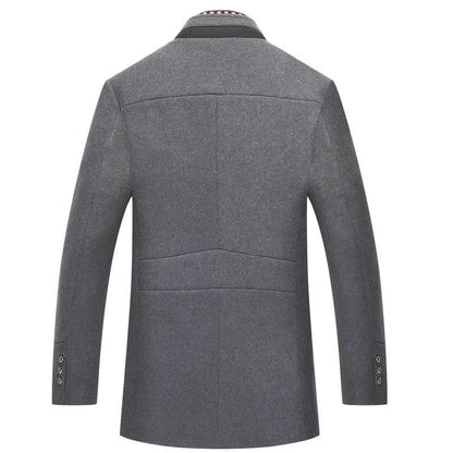 Back view of the grey mid-length coat showing the tailored seams