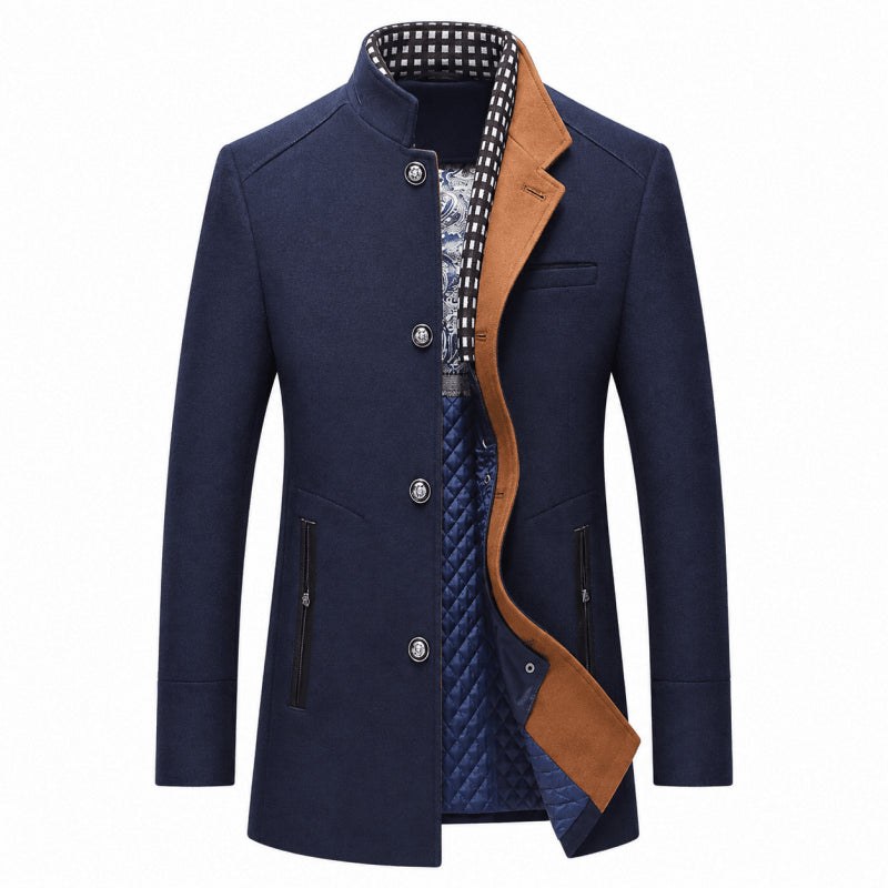 Front flat view of the royal blue mid-length coat with the quilted lining showing