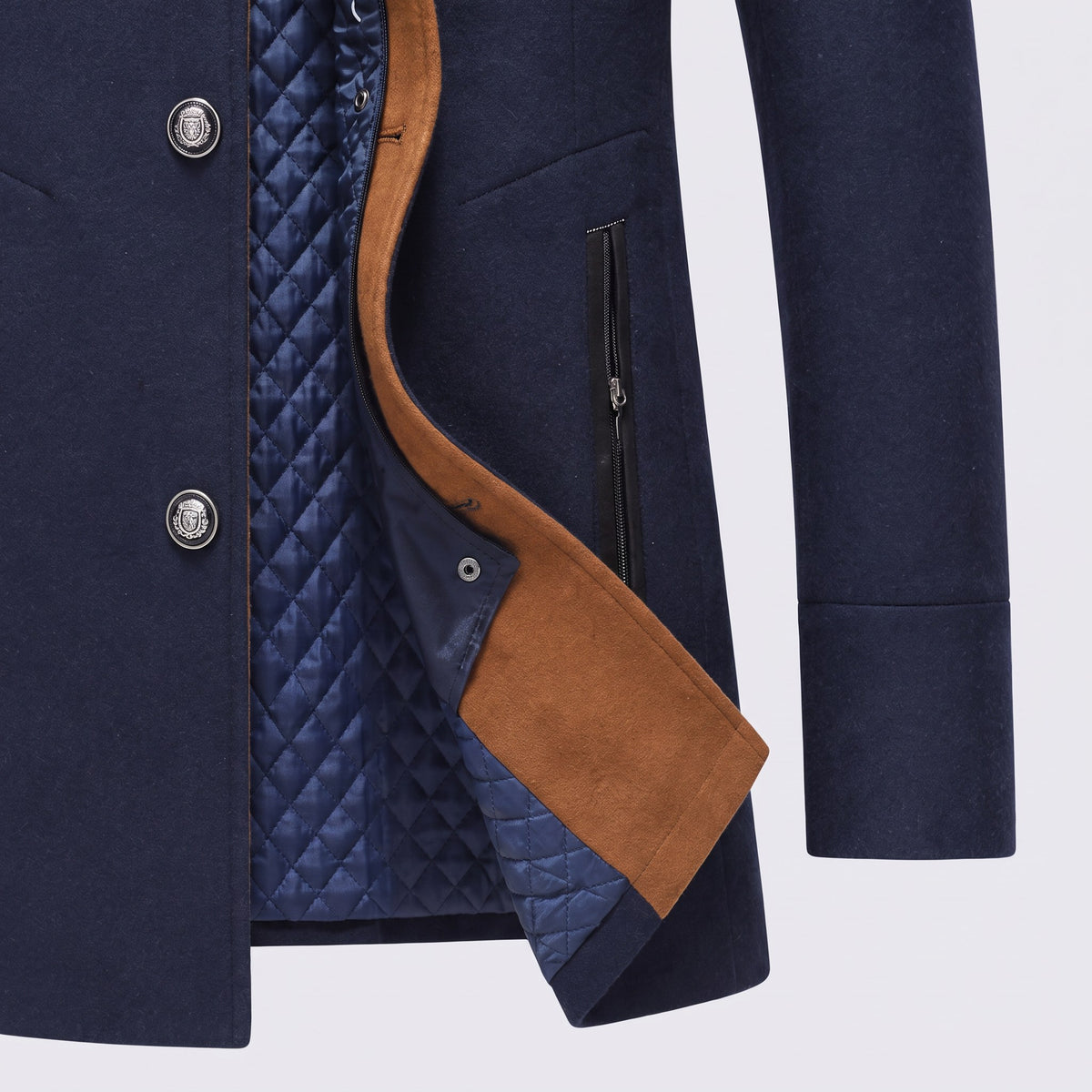 Close view of the buttons, piped pocket and quilted lining of the coat