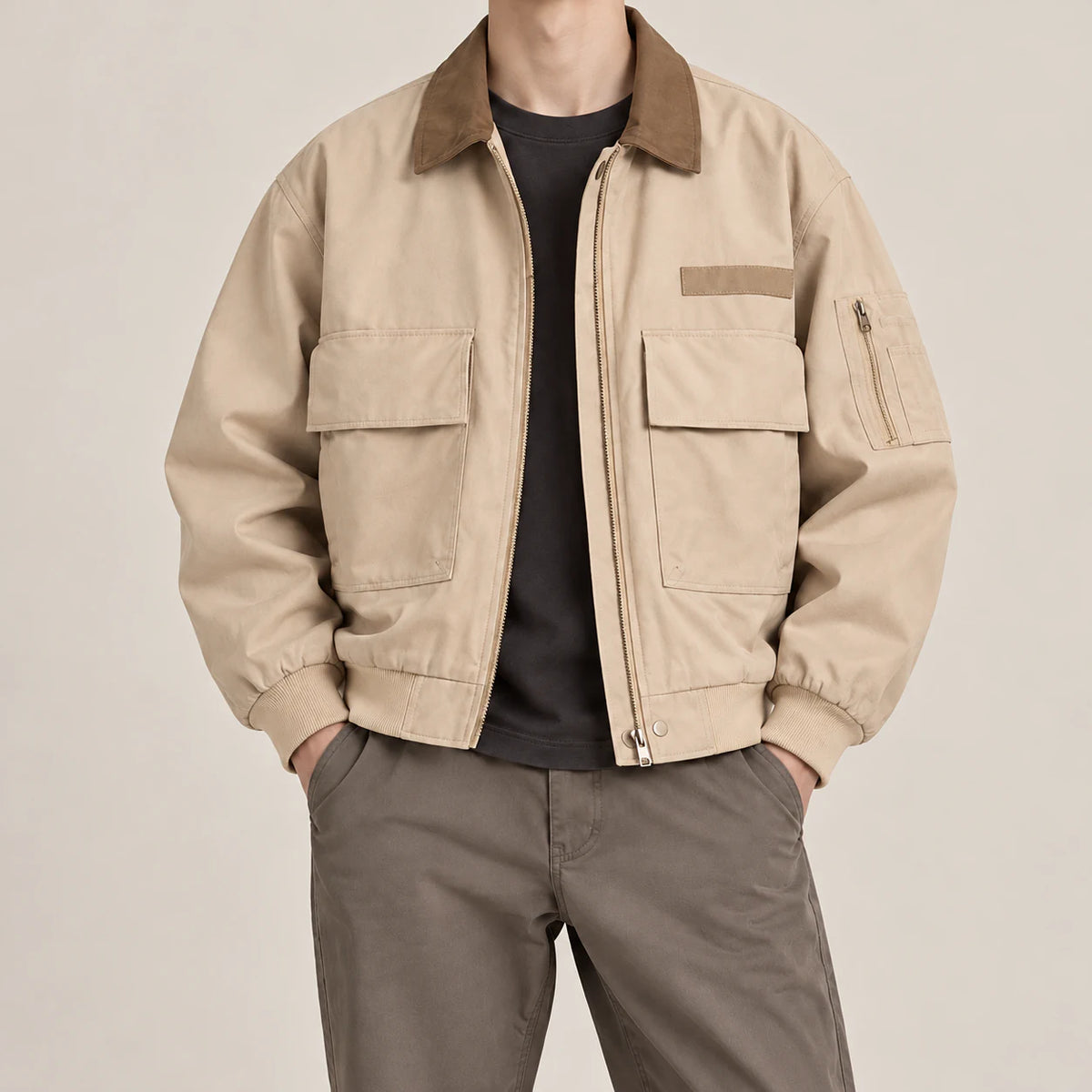 Men's pilot jacket in Khaki, complete front worn view with contrast collar