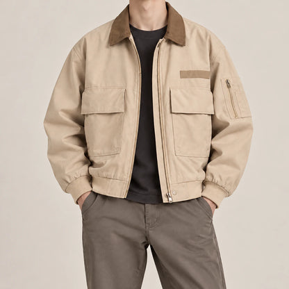 Men's pilot jacket in Khaki, complete front worn view with contrast collar