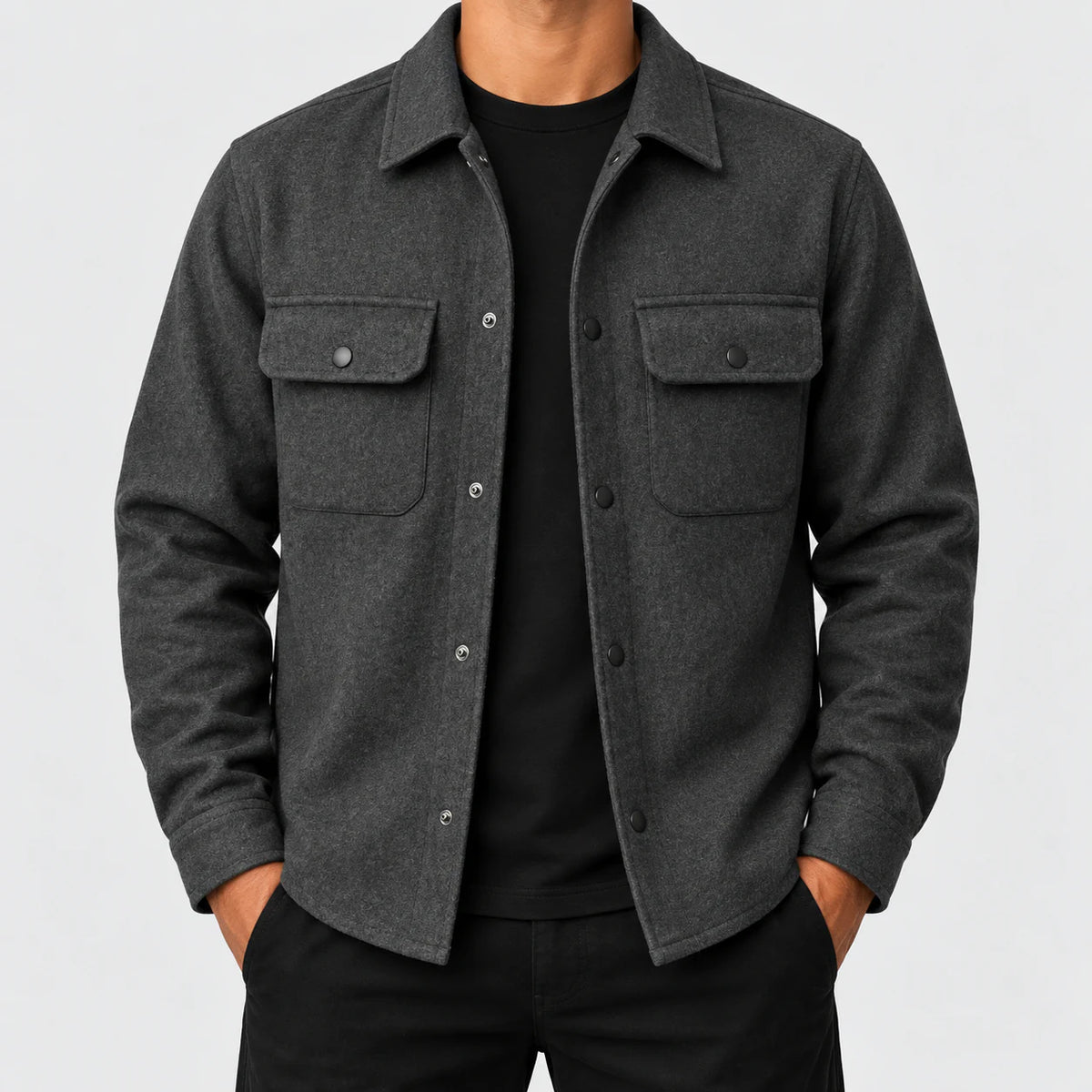 Men's snap-front utility jacket in dark gray, front view