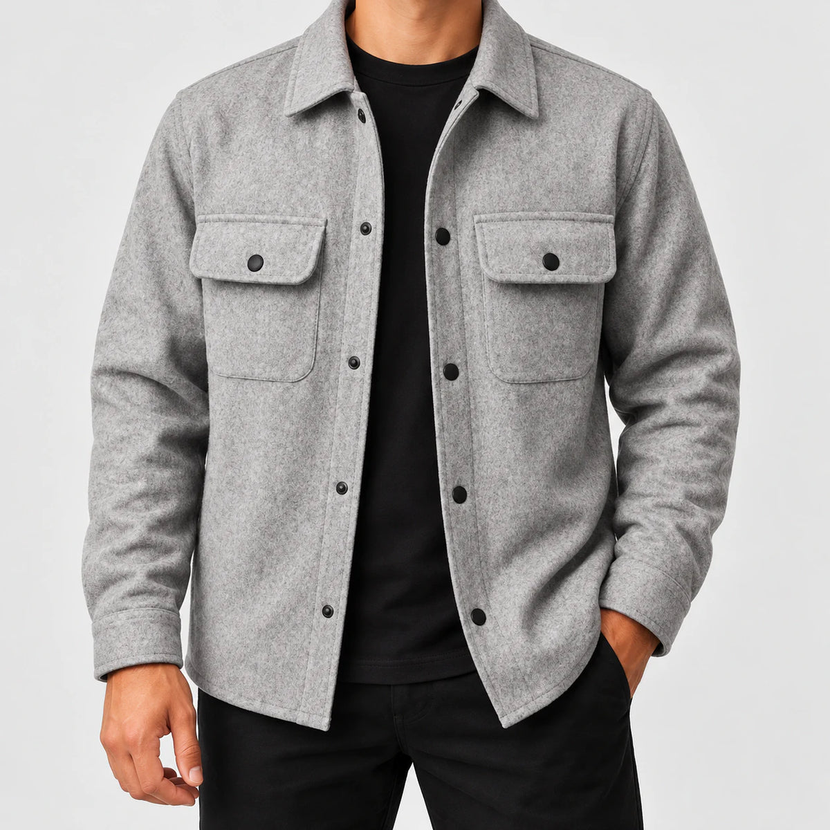 Men's snap-front utility jacket in gray, front view
