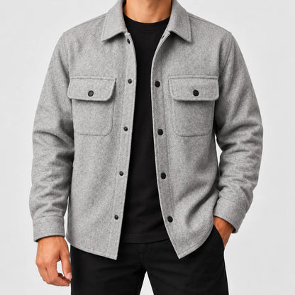 Men's snap-front utility jacket in gray, front view