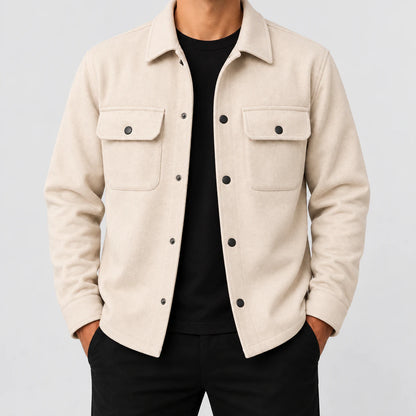 Men's snap-front utility jacket in light beige, front view