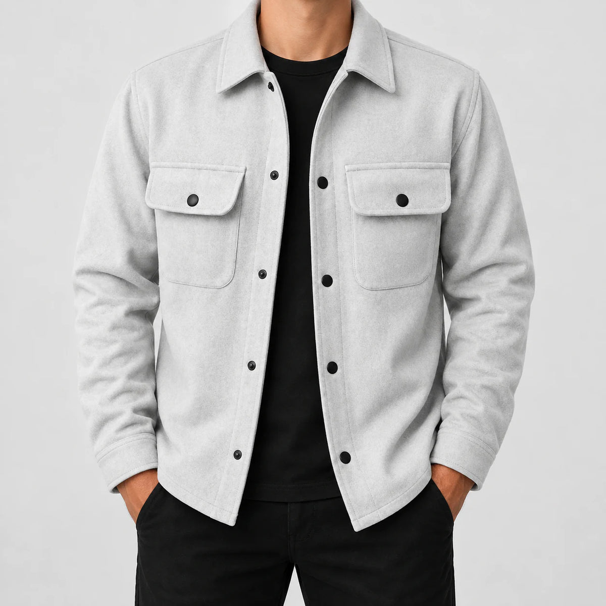 Men's snap-front utility jacket in light gray, front view