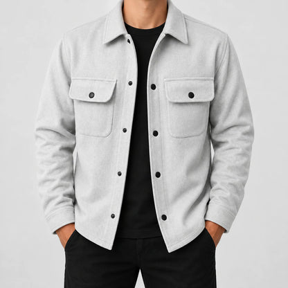 Men's snap-front utility jacket in light gray, front view