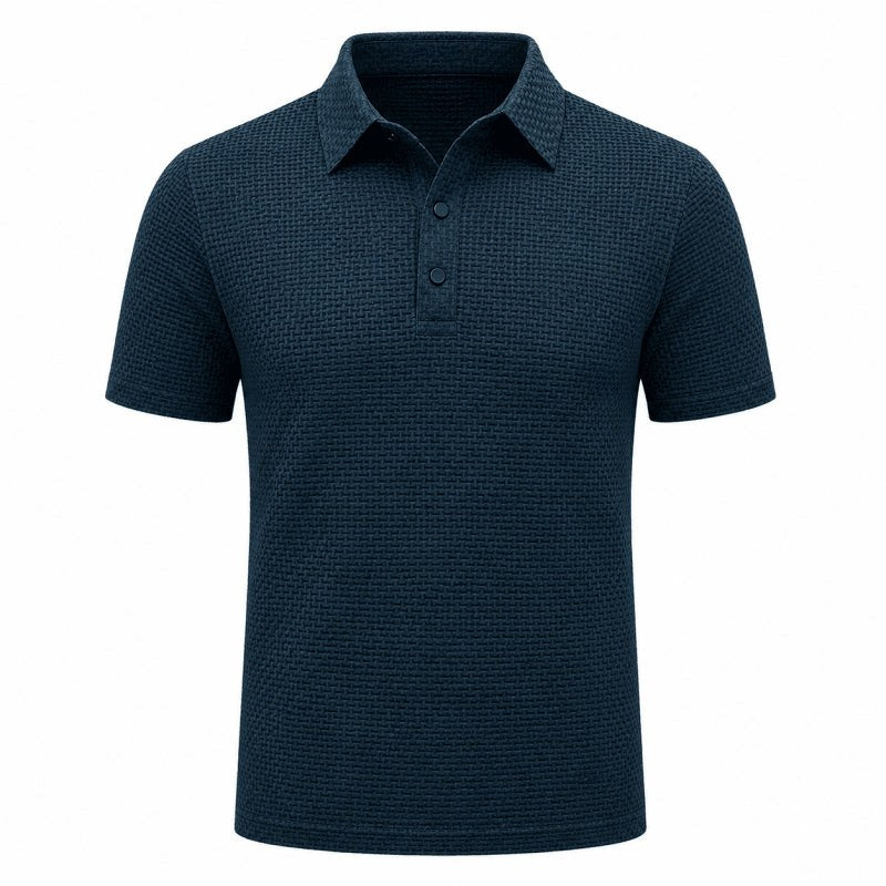Front flat view of the blue textured short-sleeve polo shirt