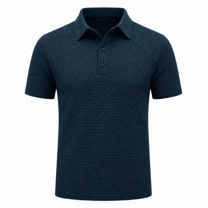 Front flat view of the blue textured short-sleeve polo shirt