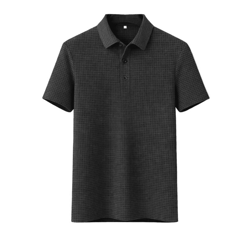 Front flat view of the charcoal textured short-sleeve polo shirt