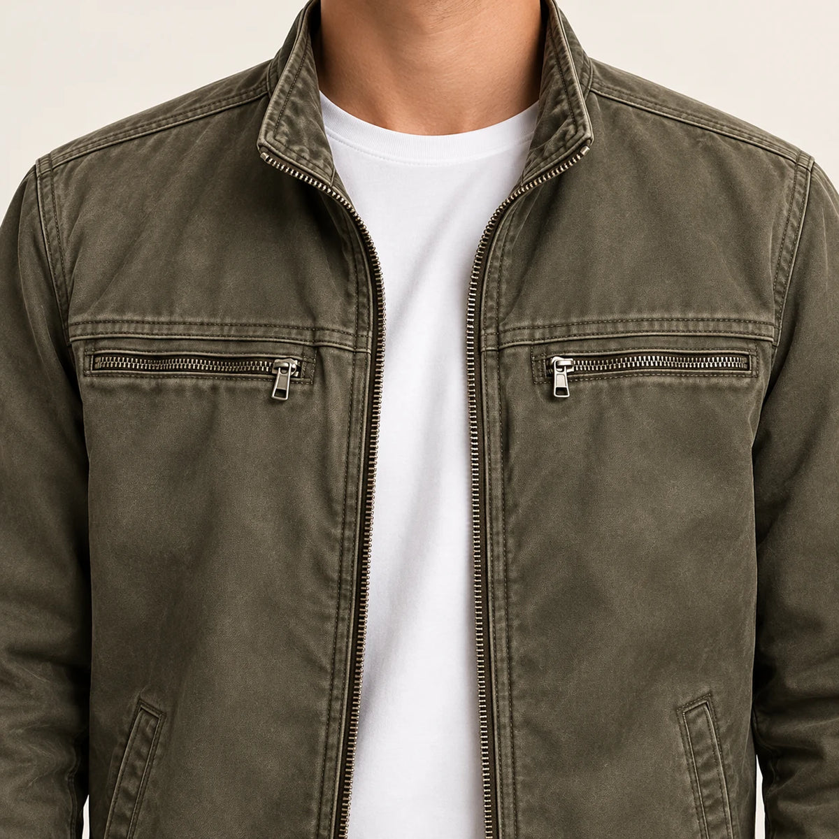 Men's washed field jacket in Olive, stand collar and two zip chest pockets detail