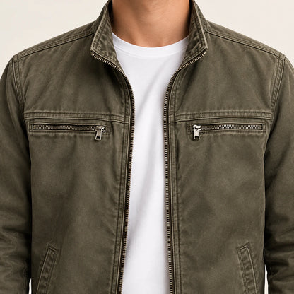 Men's washed field jacket in Olive, stand collar and two zip chest pockets detail