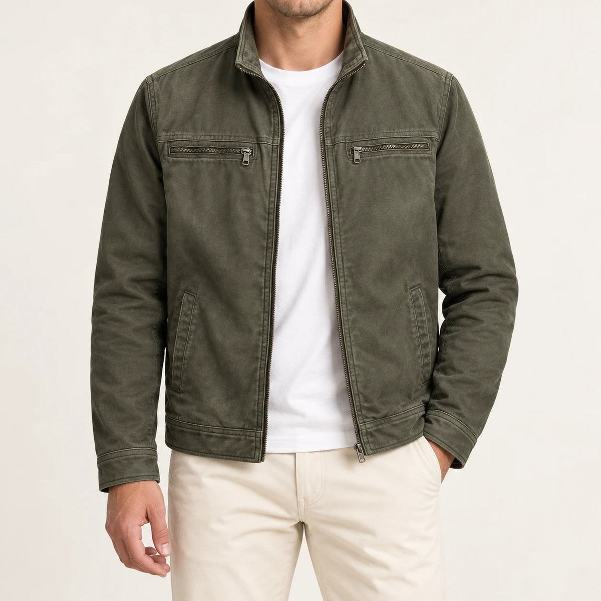 Men's washed field jacket in Olive, complete front on-body view