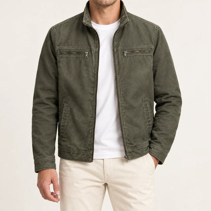 Men's washed field jacket in Olive, complete front on-body view