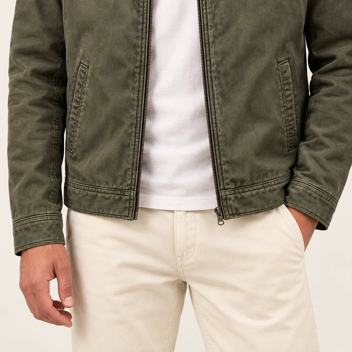 Men's washed field jacket in Olive, lower pockets, zip and hem detail