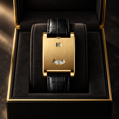 Gold Montague watch resting in a lined display case
