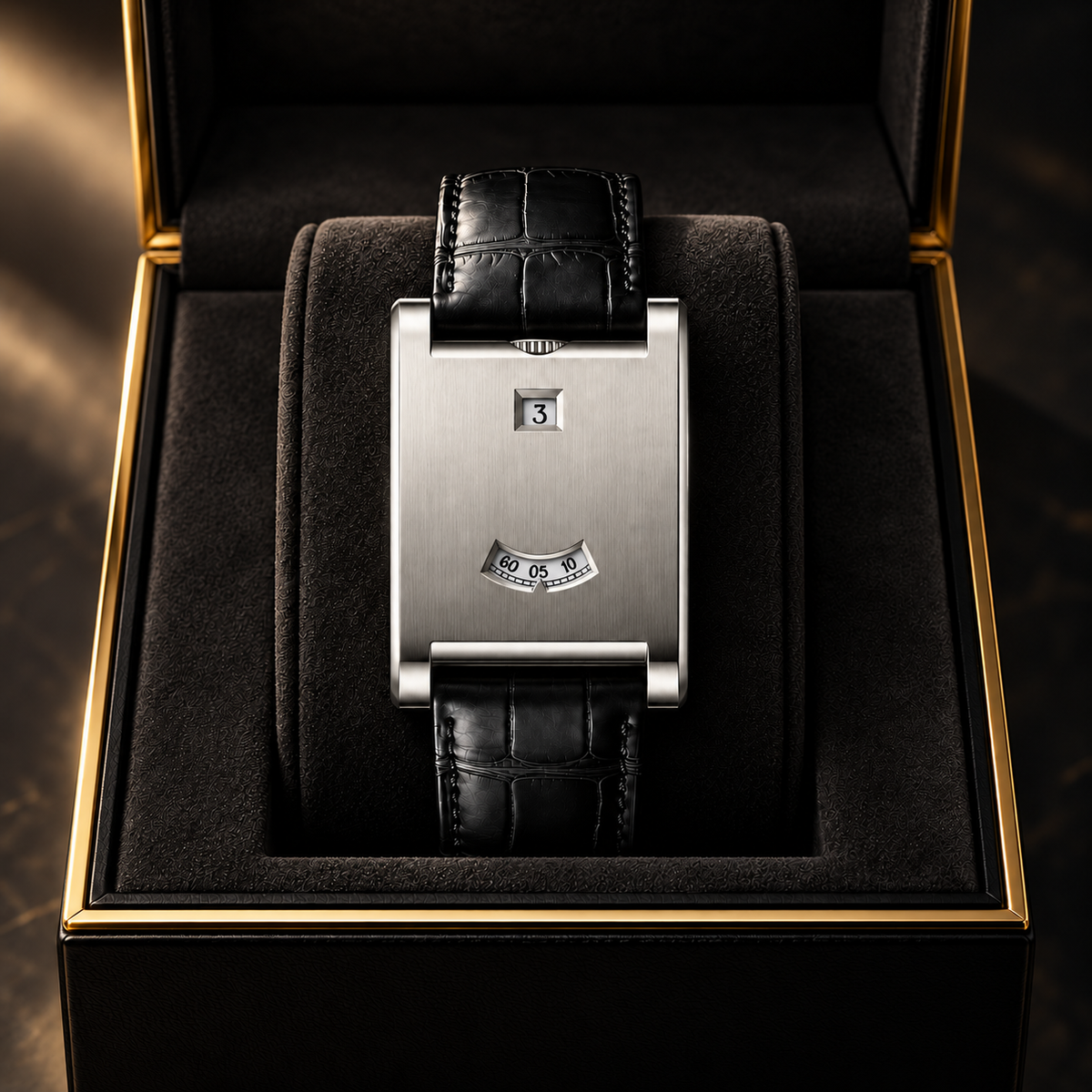 Silver Montague watch resting in a lined display case