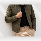 Pemberton zip jacket worn open, army green, neck down