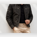 Pemberton zip jacket worn open, classic black, neck down