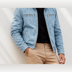 Pemberton zip jacket worn open, sky blue, neck down