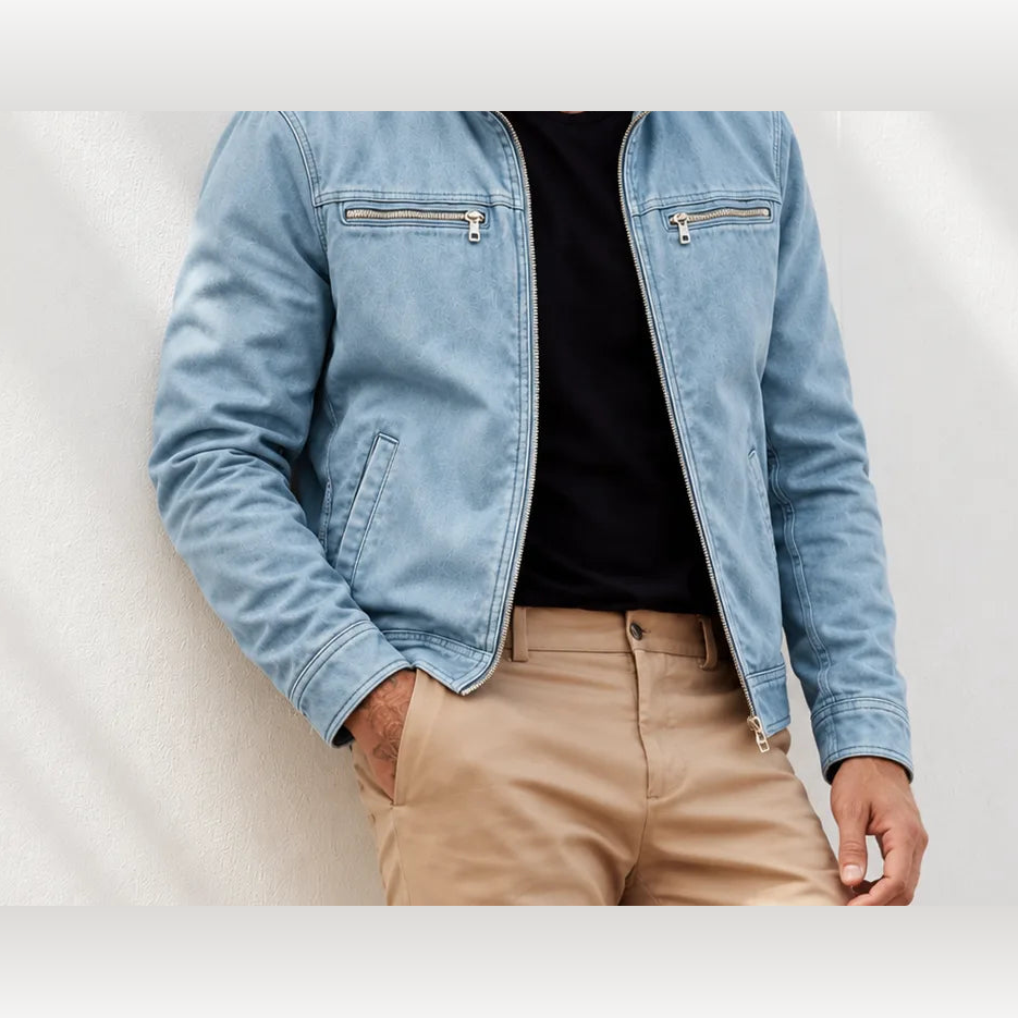 Pemberton zip jacket worn open, sky blue, neck down