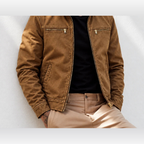 Pemberton zip jacket worn open, yellow brown, neck down
