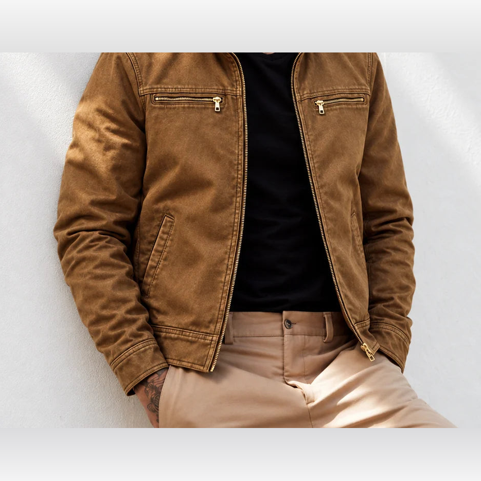 Pemberton zip jacket worn open, yellow brown, neck down