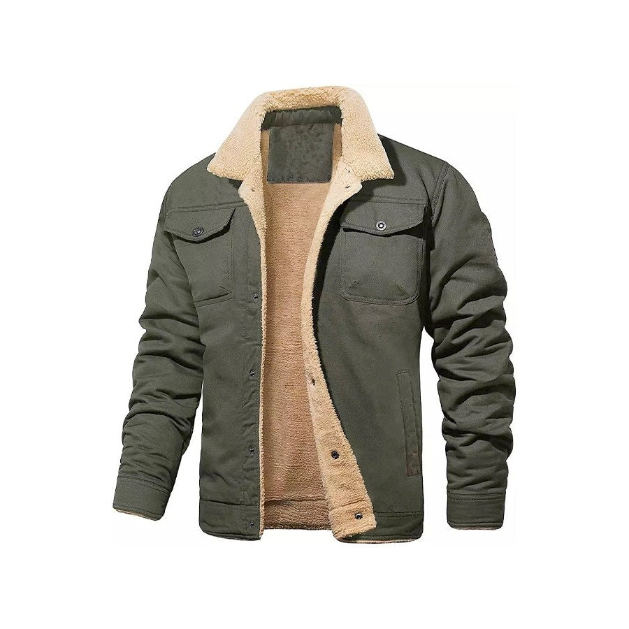 Army green trucker jacket with a cream pile lining, front view