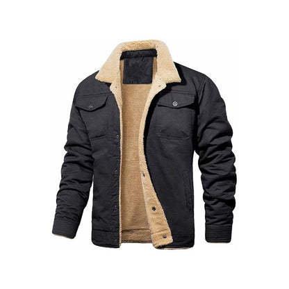 Black trucker jacket with a cream pile lining, front view