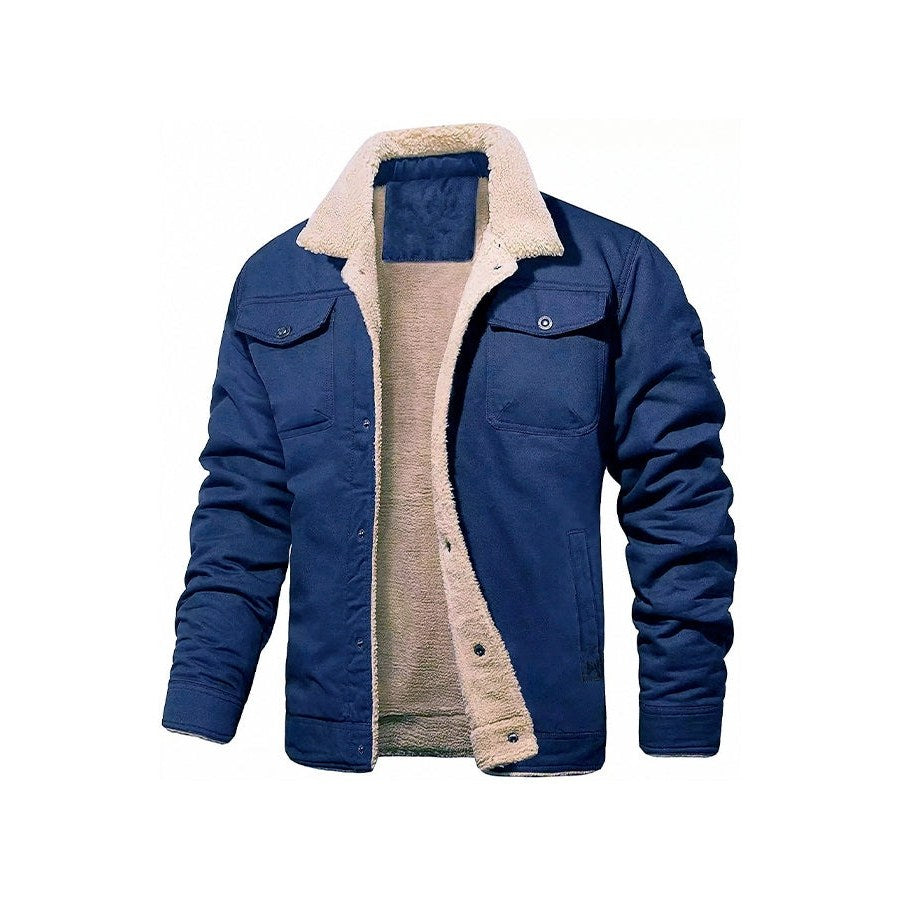 Blue trucker jacket with a cream pile lining, front view