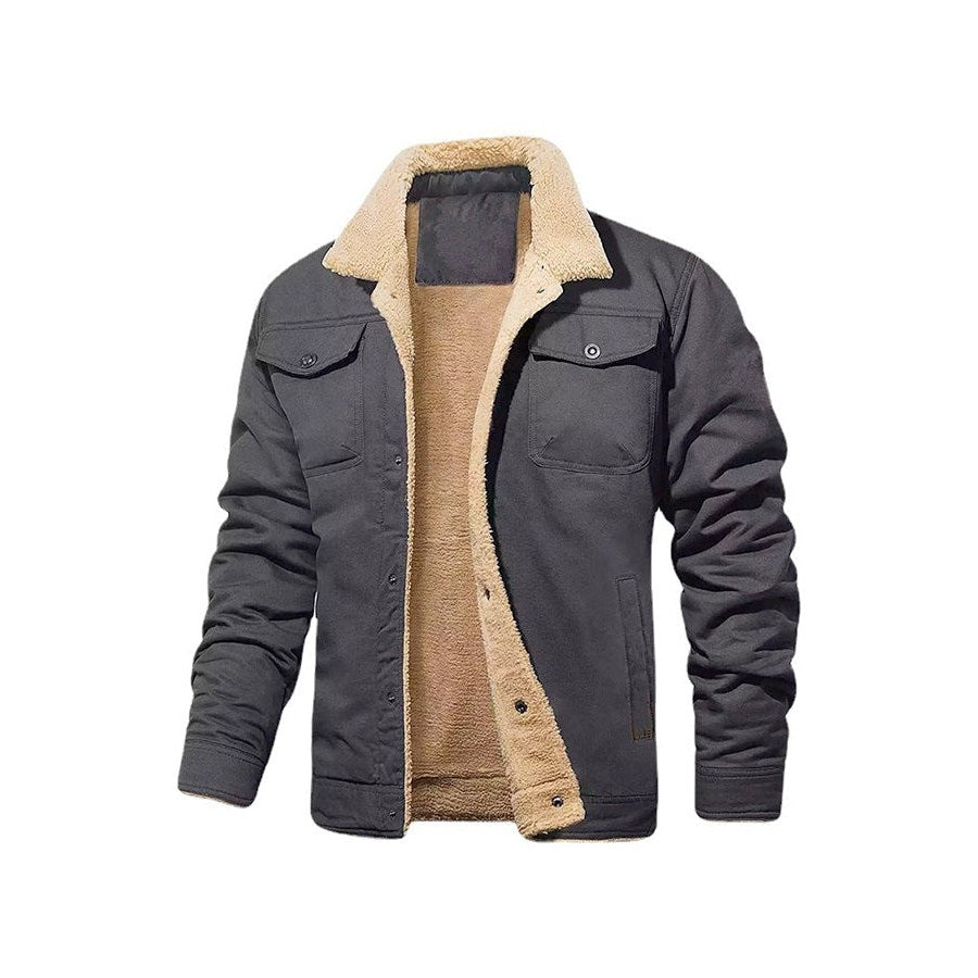 Gray trucker jacket with a cream pile lining, front view