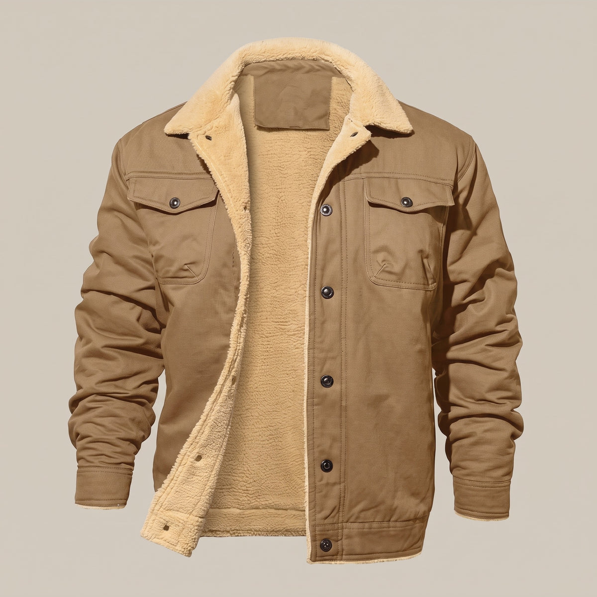 Khaki trucker jacket with a cream pile lining, front view