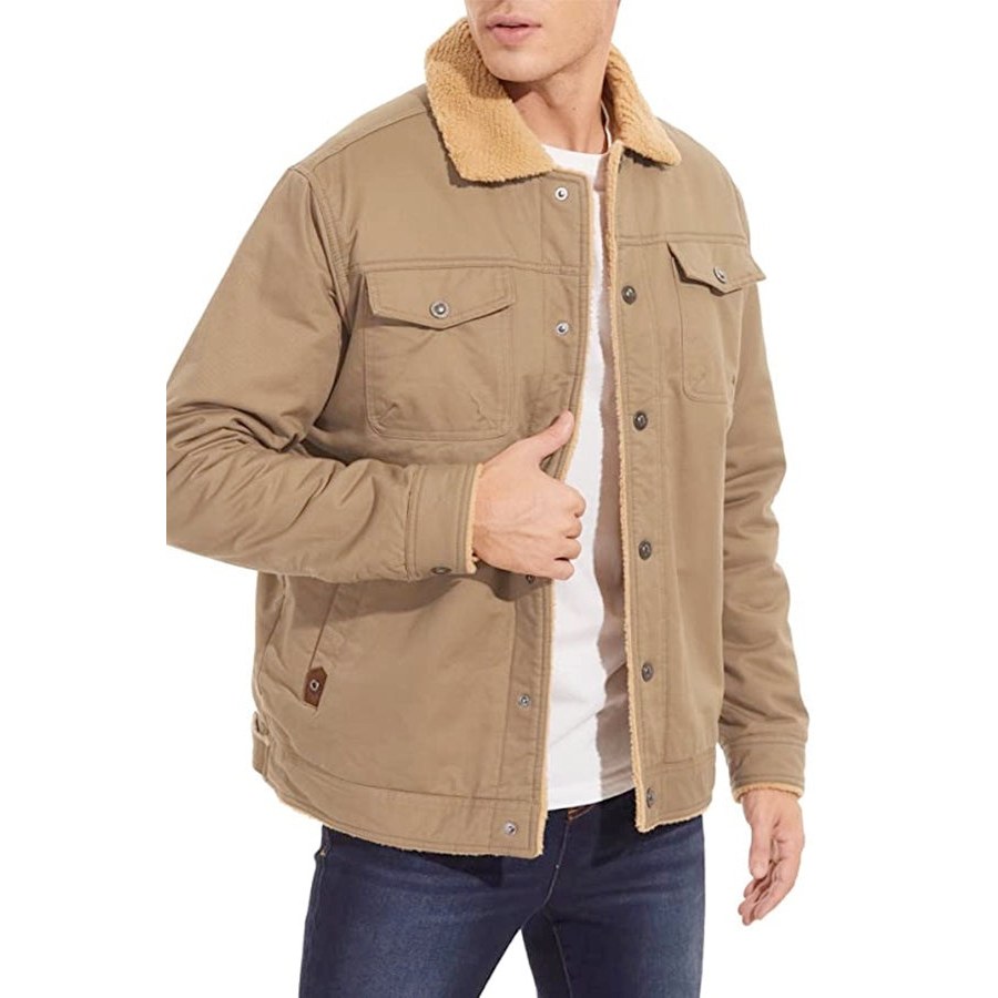 Man wearing the khaki jacket buttoned with a pile collar