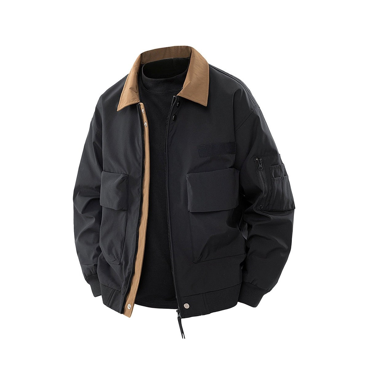Black jacket with a tan collar and a zip pocket on the sleeve